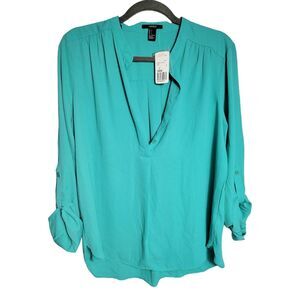 Forever 21 Women's Large Roll Tab Sleeve Button Front Top